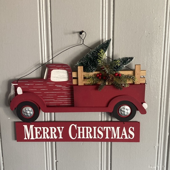 NWT- Red Farmtruck- Merry Christmas Wooden Decor Sign w/ Bottle Brush Trees 🌲 - Picture 9 of 17